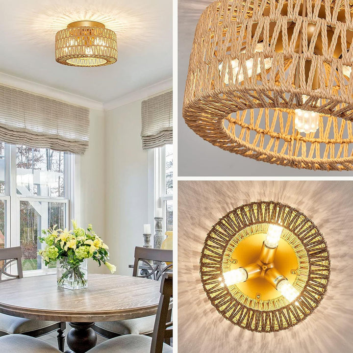 Zeitgenössische Boho Rattan Webkäfig 3-Licht Halbbündige Deckenleuchte für Wohnzimmer 
