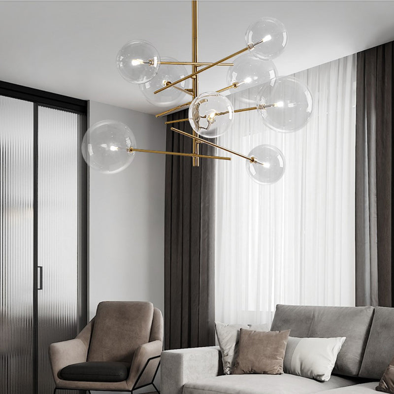 Moderner Mid-Century Magic Bean Glaskugel Eisenrahmen 6-Licht Kronleuchter für Wohnzimmer 