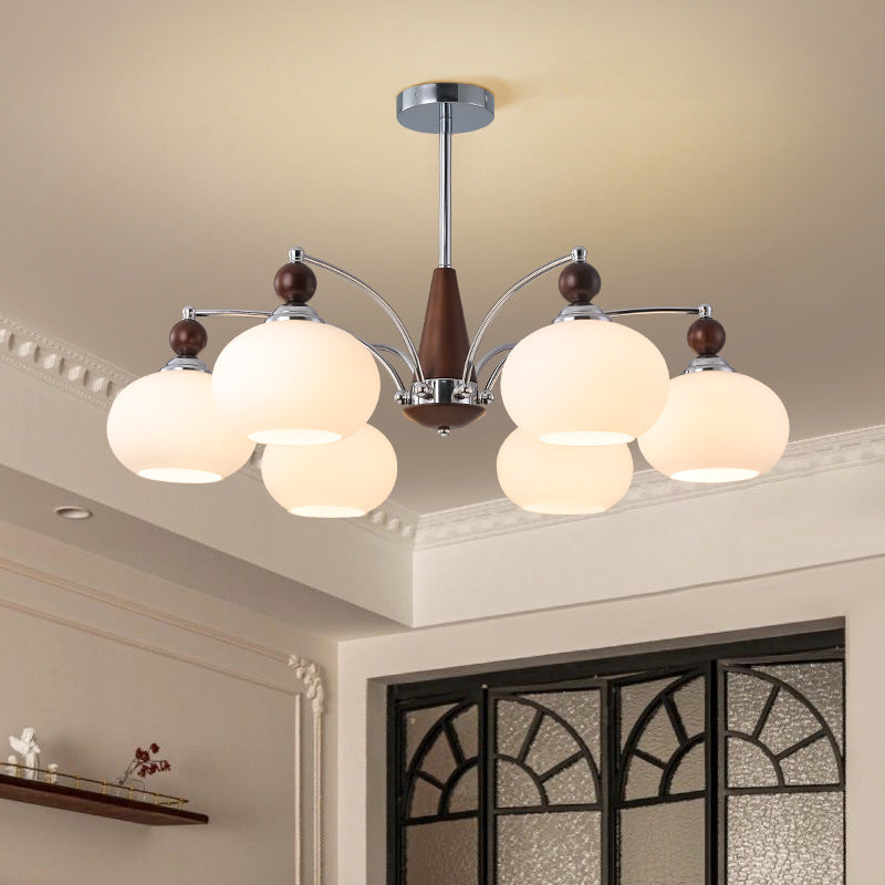 Modern Transitional Glass Round Shade Solid Wood Branch 3/5/6/8 Light Chandelier For Living Room