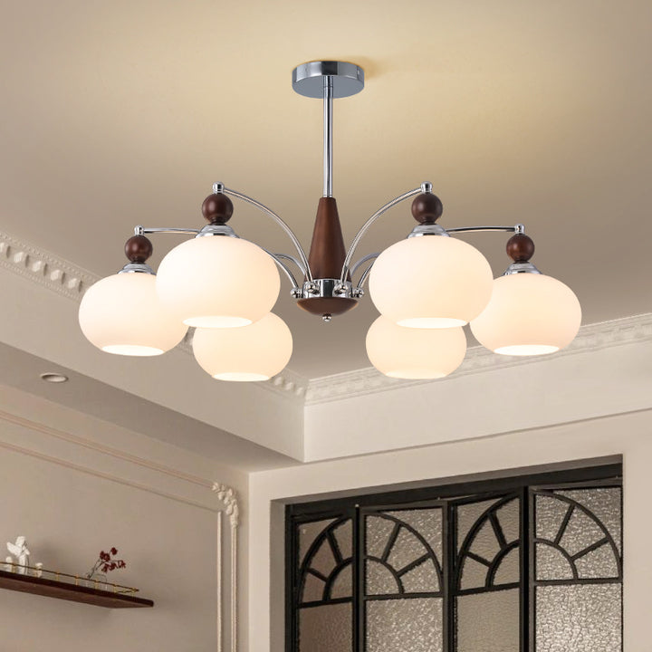 Modern Transitional Glass Round Shade Solid Wood Branch 3/5/6/8 Light Chandelier For Living Room