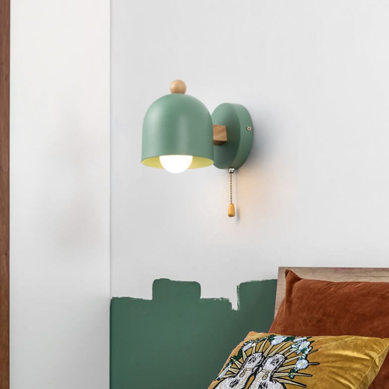 Contemporary Nordic Rubberwood Iron Dome Shade Log Pull Cord 1-Light Wall Sconce Lamp For Bedroom