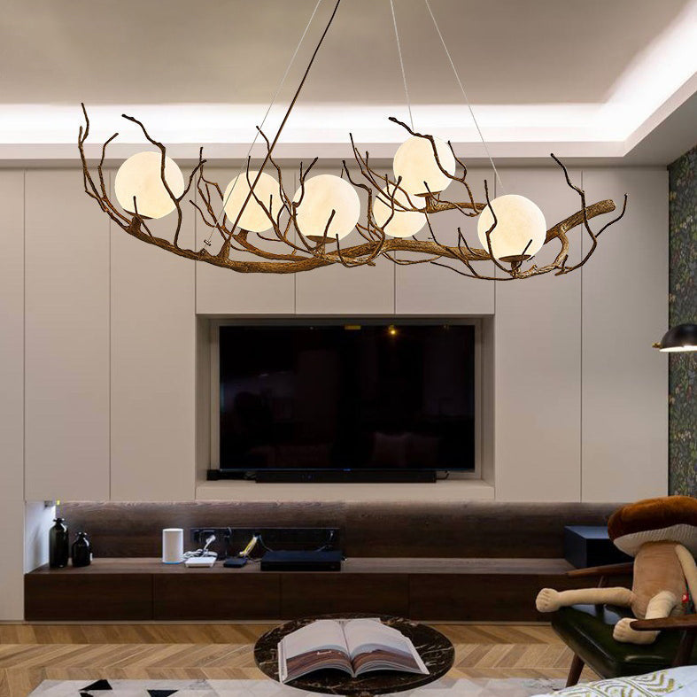 Candelabro contemporáneo de 6 luces de rama de árbol creativo de hierro, resina y vidrio para comedor 