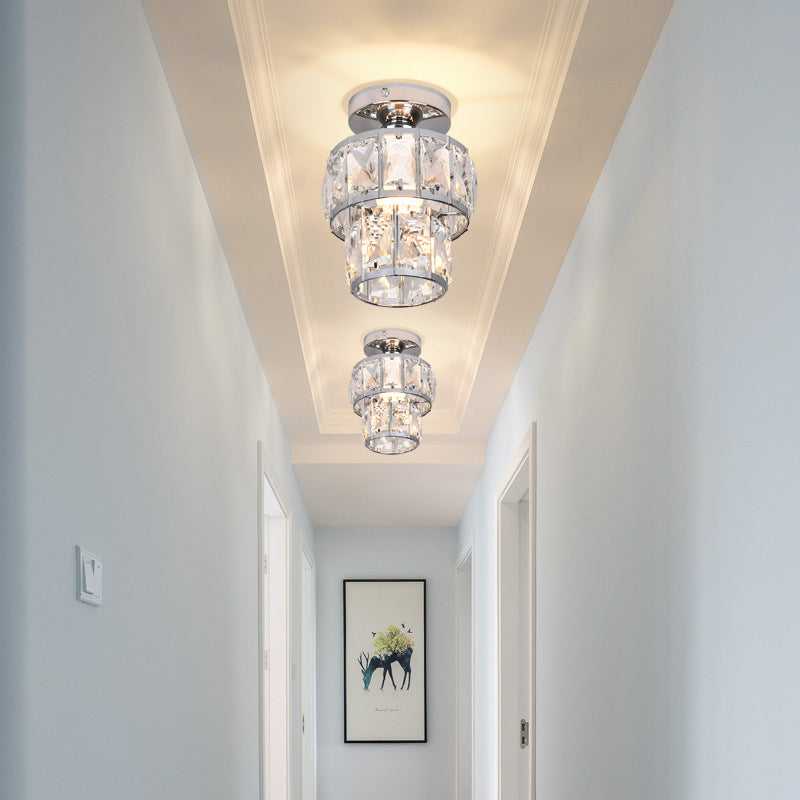 Zeitgenössische Luxus-Deckenleuchte mit Edelstahlrahmen und doppelten Kristallringen, 1-flammig, halbbündige Montage, für Wohnzimmer 