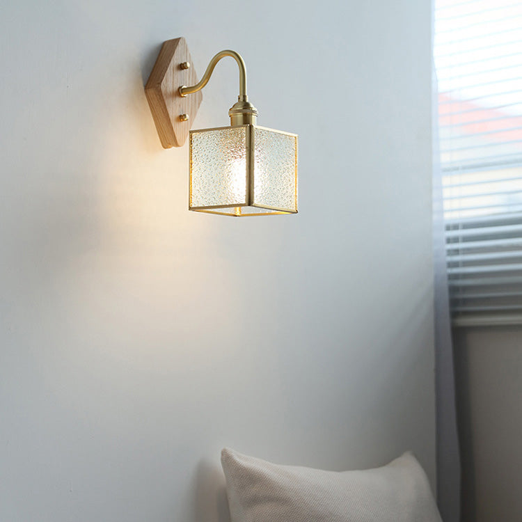 Applique Murale Traditionnelle Vintage Carrée en Verre de Cuivre et Bois à 1 Lumière pour Chambre 