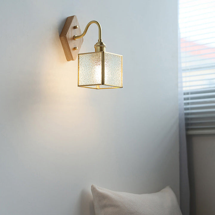 Applique Murale Traditionnelle Vintage Carrée en Verre de Cuivre et Bois à 1 Lumière pour Chambre 