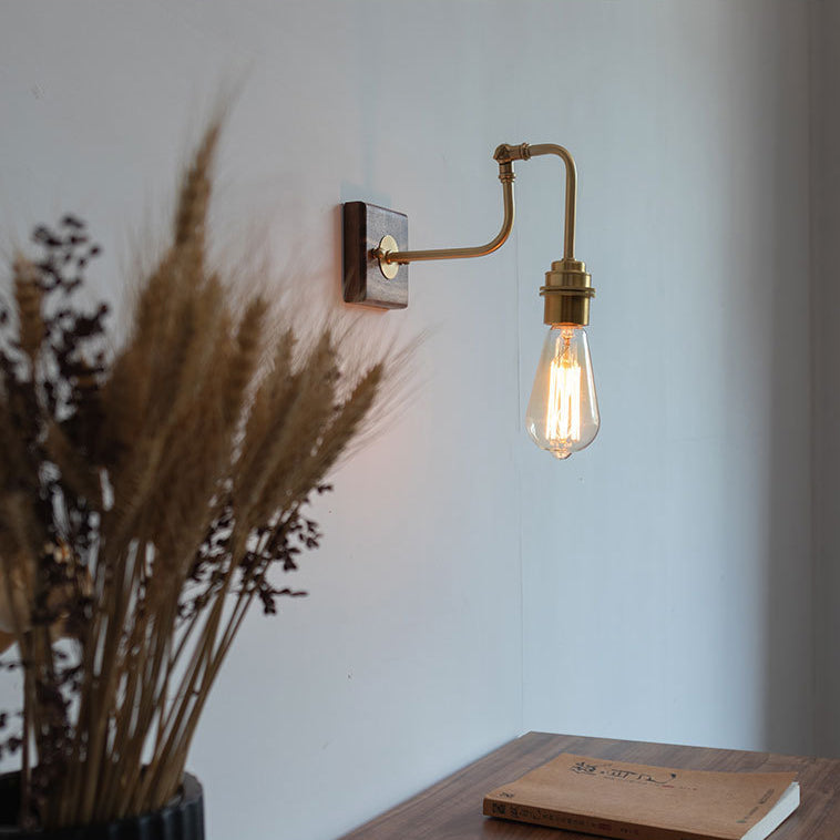 Zeitgenössische Retro Kupfer Massivholz 1-Licht Wandleuchte Lampe für Schlafzimmer 