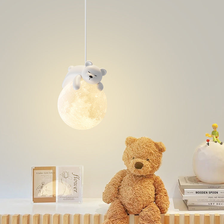 Lámpara colgante contemporánea creativa de resina con forma de conejo y luna de 1 luz para niños, para sala de estar 