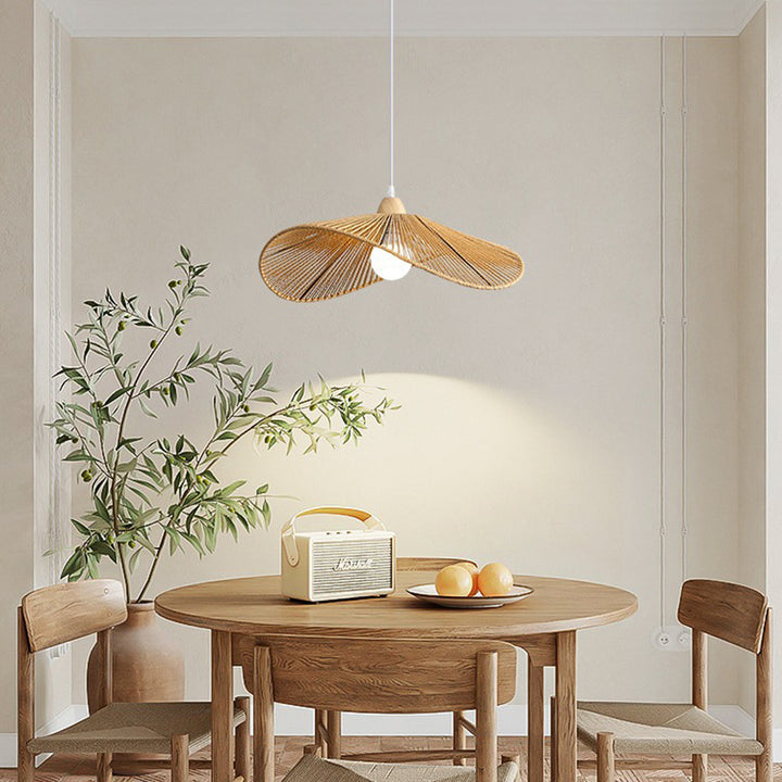 Traditionelle Vintage Holz Papier Seil Weben Strohhut Form 1-Licht Pendelleuchte für Wohnzimmer 