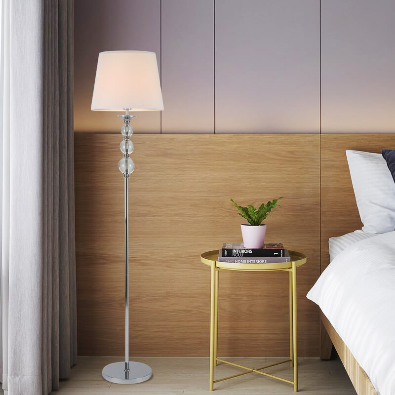 Traditional Vintage Fabric Cone Glass Iron Plated Chrome Column 1-Light Standing Floor Lamp