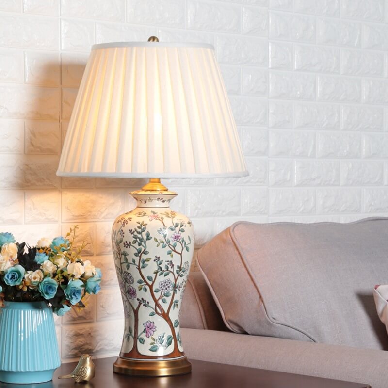 Vintage chinesischer Palaststoff-Lampenschirm Keramik 1-Licht Tischlampe 
