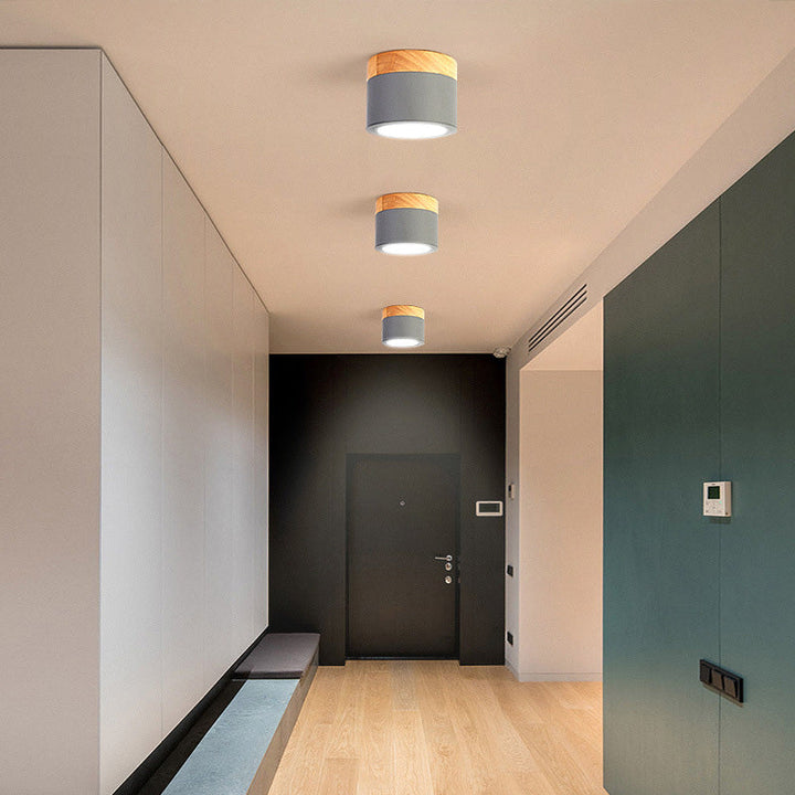 Luz de techo LED de montaje empotrado de cilindro de madera, hierro y acrílico escandinavo contemporáneo para pasillo 