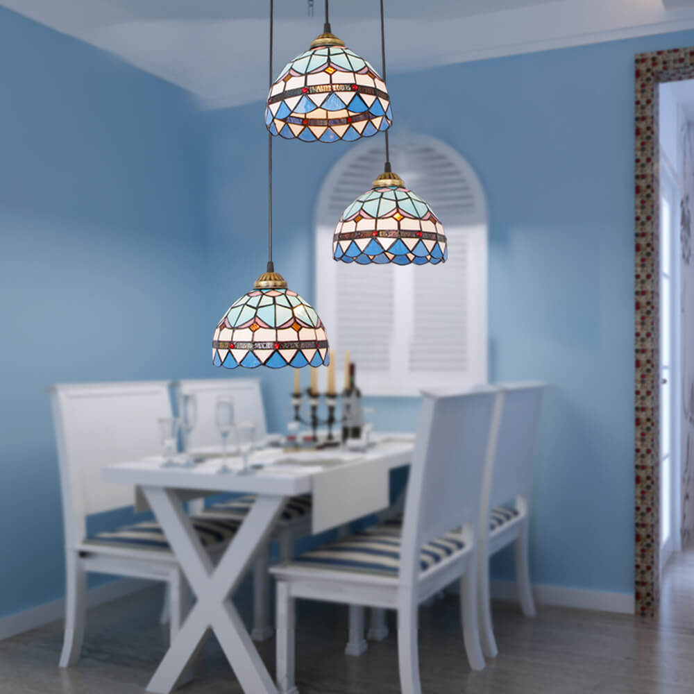 Lámpara colgante de isla de 3 luces con pantalla abovedada de vidrio Tiffany y hierro para sala de estar 