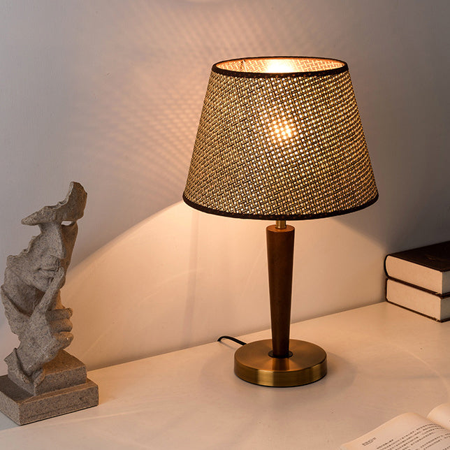 Traditionelle Vintage Stoff Runde Schatten Holz Metall Basis 1-Licht Tischlampe für Schlafzimmer 