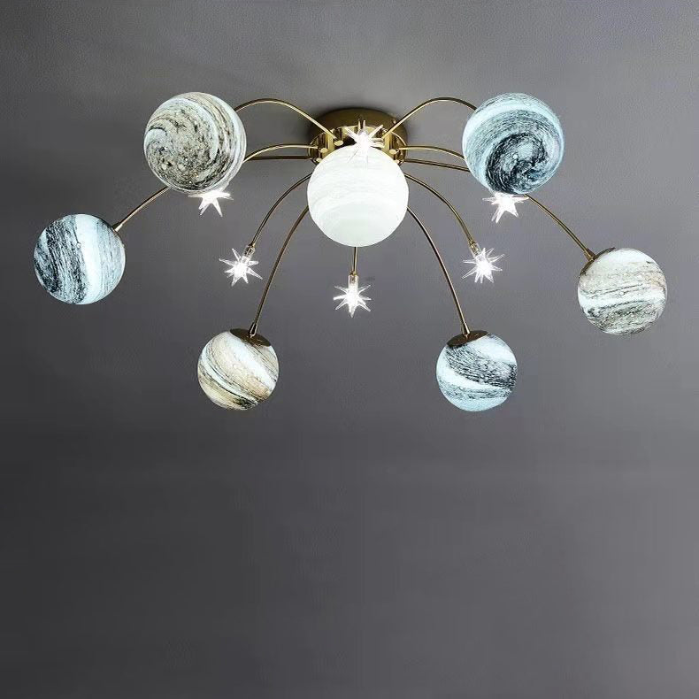 Contemporain Nordic Kids Fer Verre Balle Terre Planète 13-Lumières Semi-Plafonnier pour Chambre 