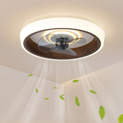 Modern Minimalist Round Wood Grain Aluminum Acrylic LED Flush Mount Ceiling Fan Light For Bedroom