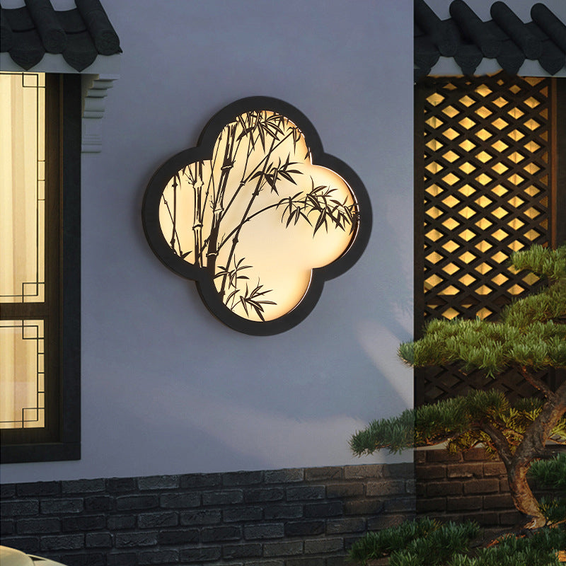 Applique murale extérieure LED en fer et acrylique avec motif bambou étanche traditionnel chinois en forme de trèfle pour jardin 