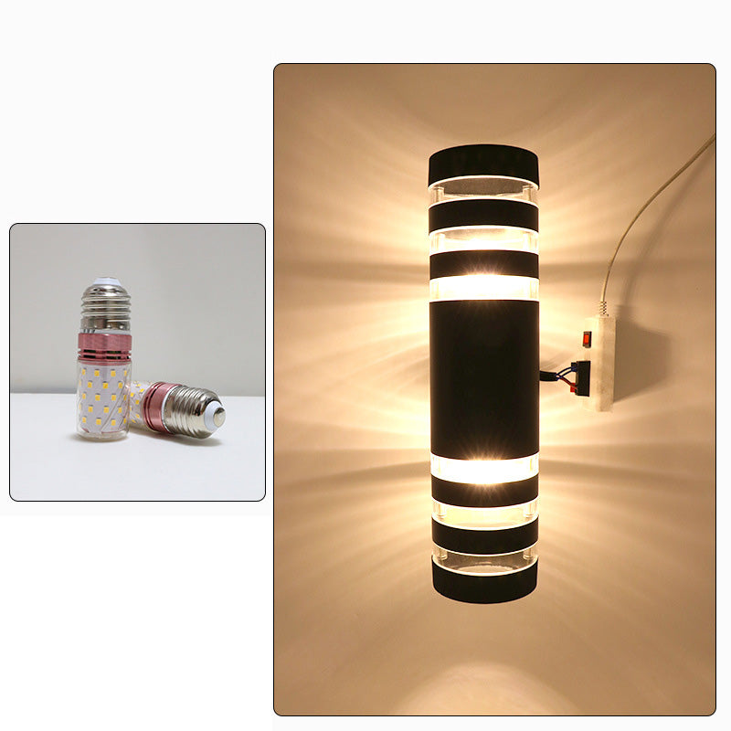 Lampe applique murale 2 lumières cylindrique en aluminium, fer, acrylique et verre étanche de simplicité moderne pour patio extérieur 