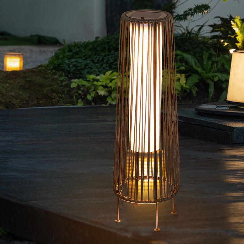 Moderno Shabby Chic Solar Redondo Trapezoidal Hierro Ratán Mimbre LED Luz Exterior Para Patio Exterior 