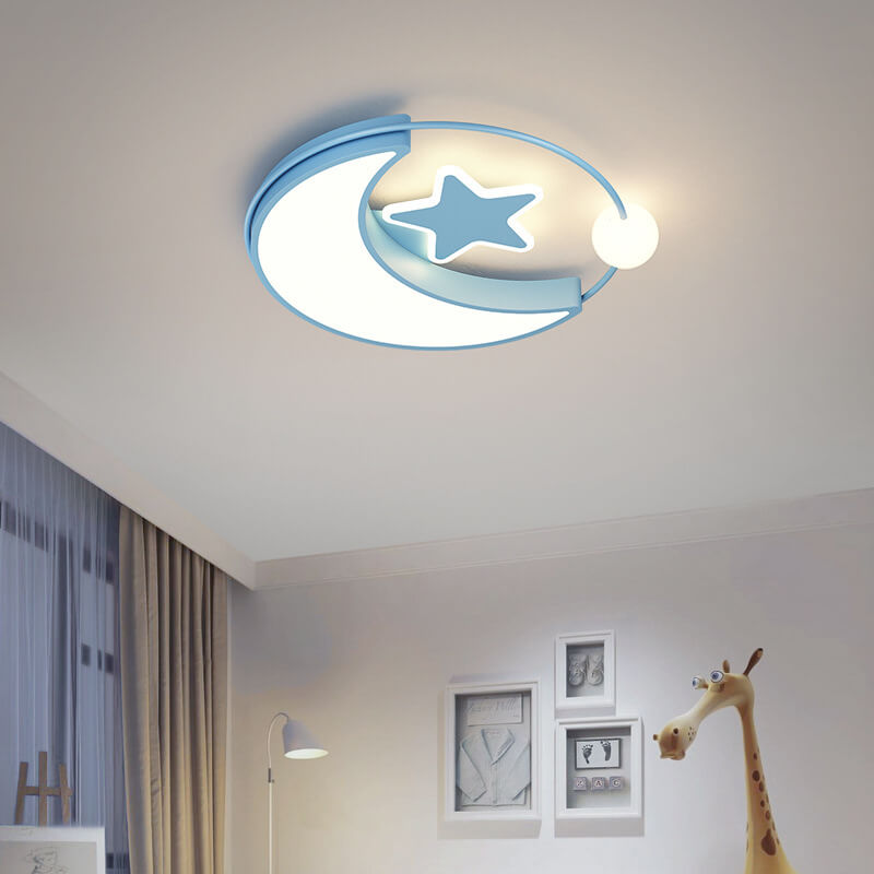 Contemporary Creative Moon Star Iron Acrylic LED Flush Mount Ceiling Light For Bedroom