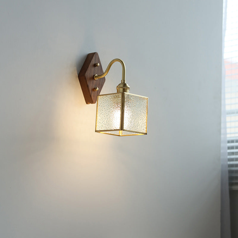 Applique Murale Traditionnelle Vintage Carrée en Verre de Cuivre et Bois à 1 Lumière pour Chambre 