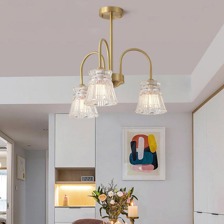 Zeitgenössische Retro gebogene Stange Blume Tasse Kupfer Glas 3/5/6 Licht Kronleuchter für Wohnzimmer 