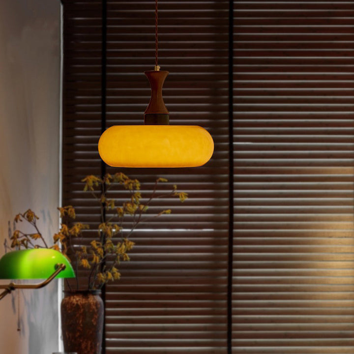 Zeitgenössische Retro Holz Eisen Glas Trommel Runde 1-Licht Pendelleuchte Für Esszimmer 