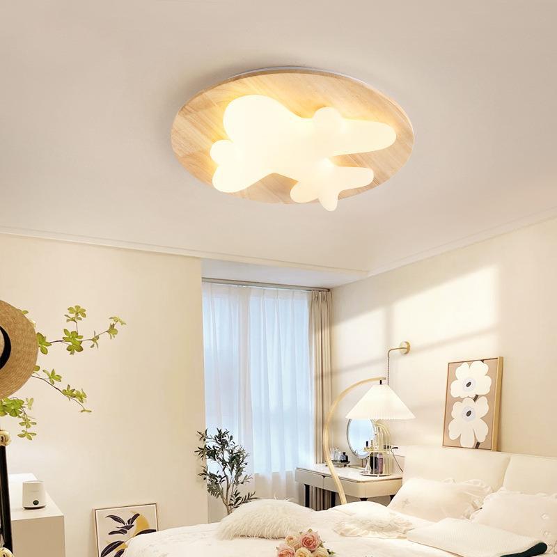 Modern Art Deco Airplane Clouds Moon Acrylic Wood LED Flush Mount Ceiling Light For Living Room