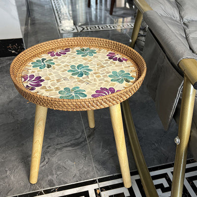 Table d'appoint ronde en bois et rotin fait main rustique traditionnel pour salon 