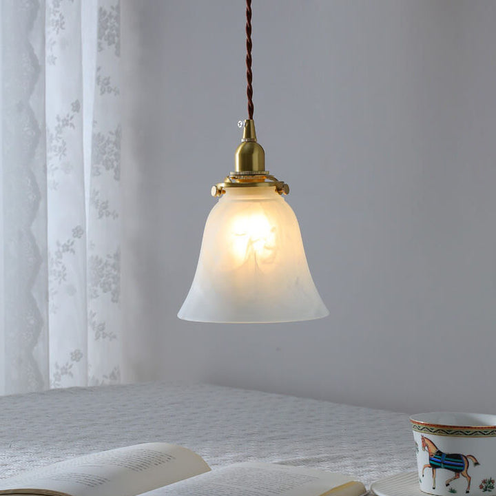 Traditional French Frosted Glass Flower Shape Copper 1-Light Pendant Light For Dining Room