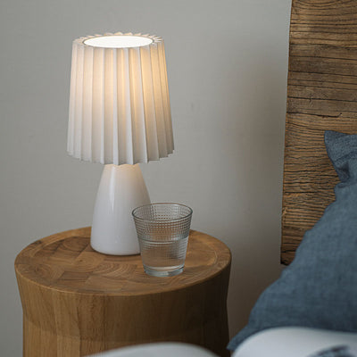 Contemporary Scandinavian Pleated Fabric Glass Base 1-Light Table Lamp For Bedroom