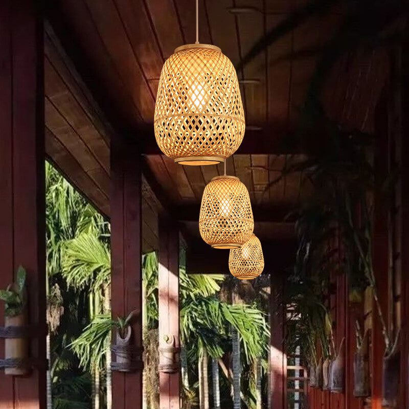 Suspension Luminaire 1 Lumière en Forme de Cage Ovale en Bambou Contemporain pour Salle à Manger 