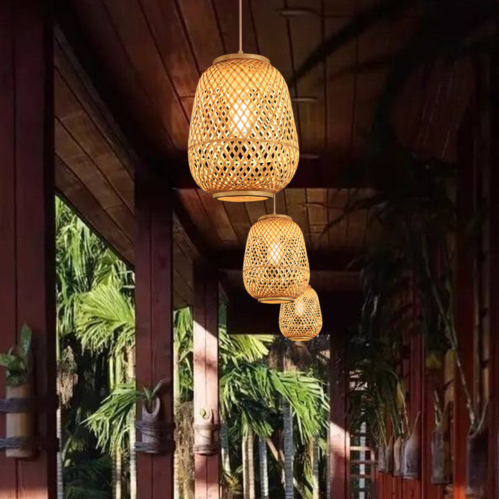 Suspension Luminaire 1 Lumière en Forme de Cage Ovale en Bambou Contemporain pour Salle à Manger 