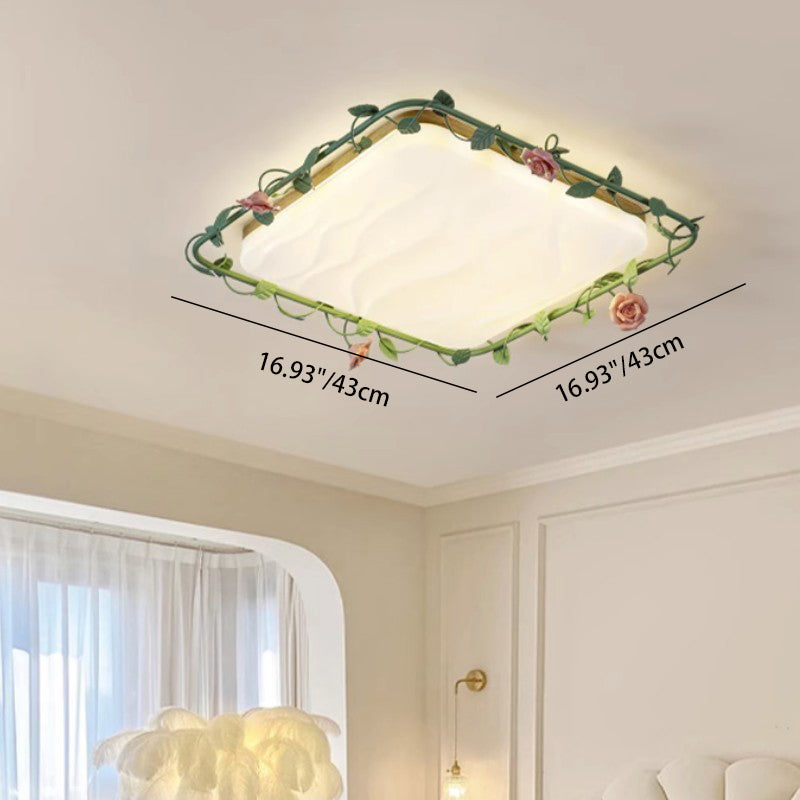 Contemporary Creative Round Square Rose Leaf Iron Rubberwood Acrylic LED Flush Mount Ceiling Light For Bedroom