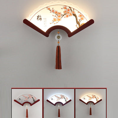 Applique murale LED avec abat-jour en acrylique festonné traditionnel chinois, éléments de plante, bord en bois pour salon 