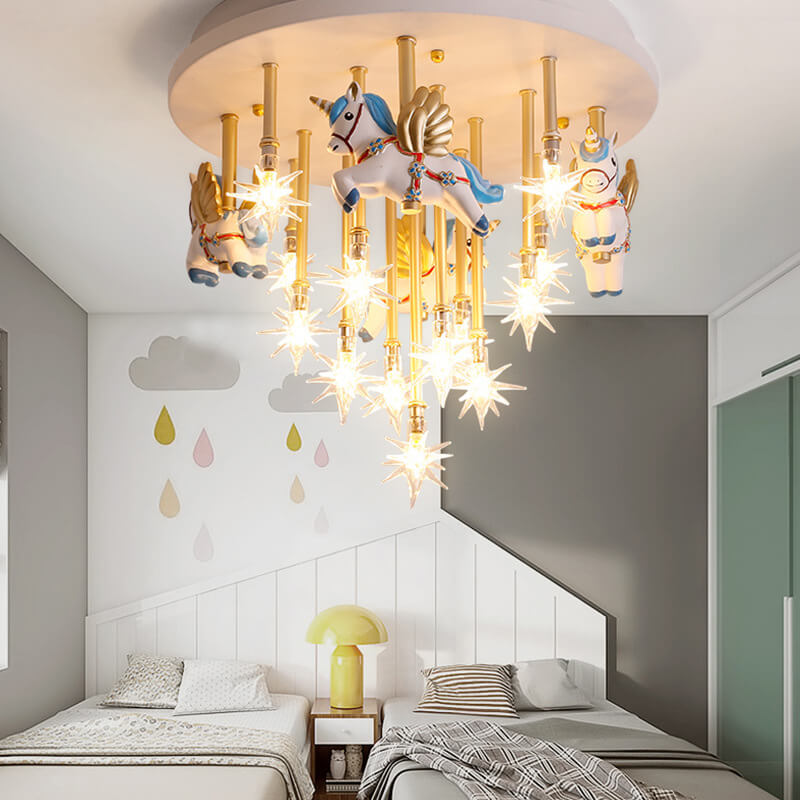 Moderne Kinder Pegasus Hardware Harz Glas 13-Licht Deckenleuchte 