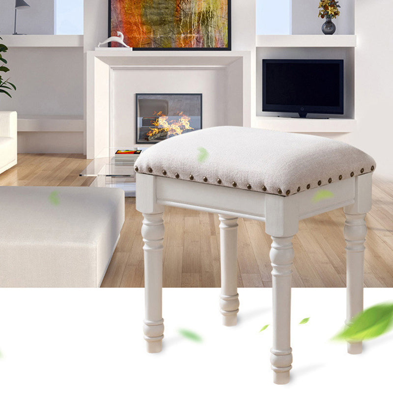 Tabouret de coiffeuse sans dossier ni accoudoirs en bois massif, cuir synthétique et lin carré scandinave contemporain pour chambre 