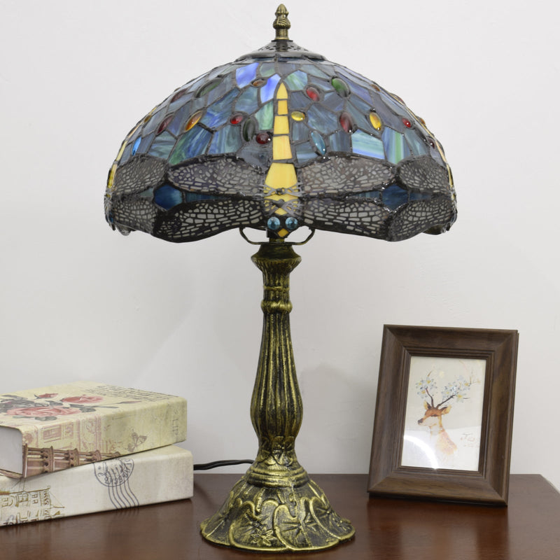 Traditionelle Tiffany Vintage Libelle Buntglas 1-Licht Tischlampe für Arbeitszimmer 