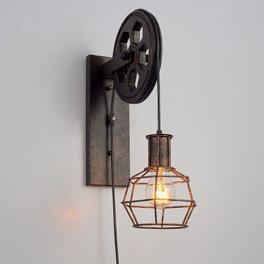Traditional Vintage Iron Cage Pulley Liftable 1-Light Wall Sconce Lamp For Dining Room