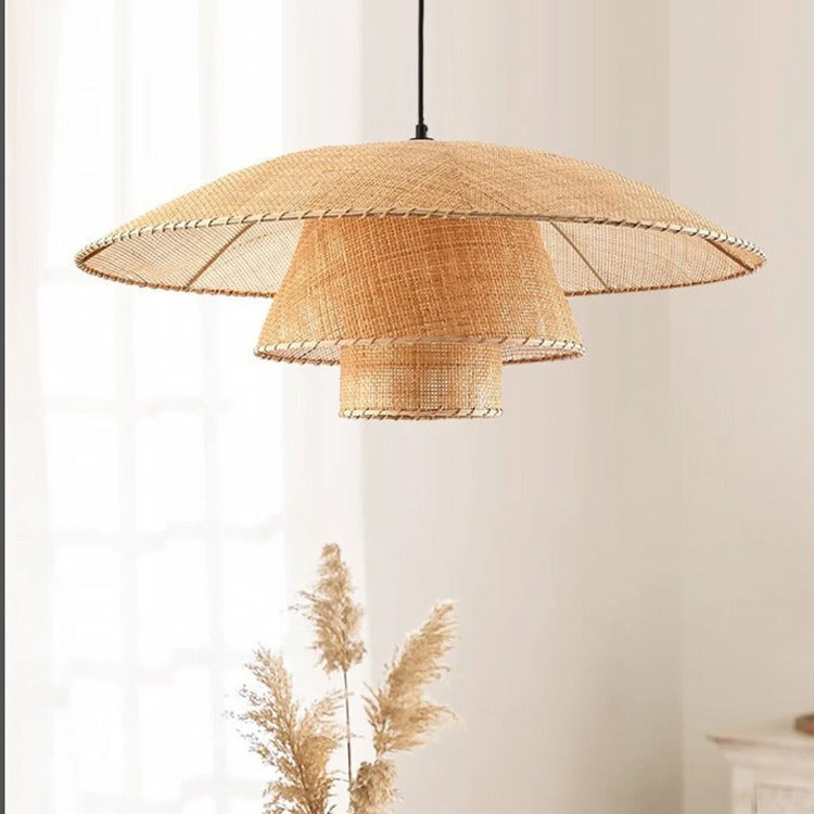 Traditioneller japanischer dreifacher runder Rattan-Kronleuchter mit 1 Licht für Wohnzimmer 