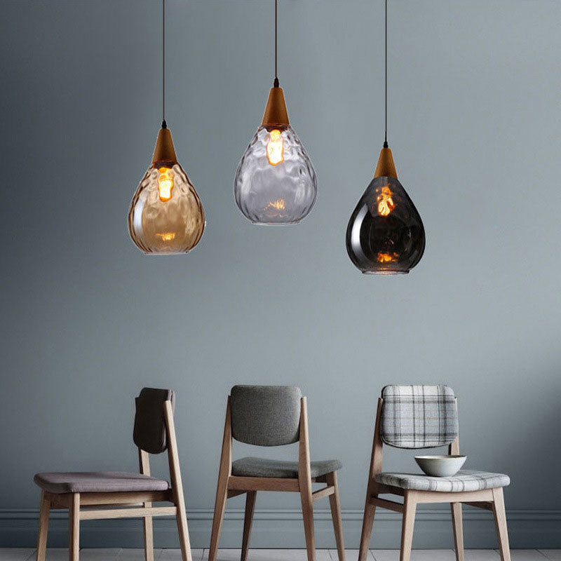Zeitgenössische industrielle Wassertropfen Holz Glas 1-Licht Pendelleuchte für Wohnzimmer 