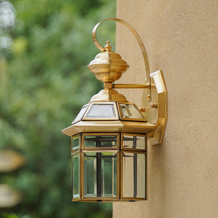 Traditional European Outdoor Hexagonal Cage Glass Copper 1-Light Waterproof Wall Sconce Lamp For Outdoor