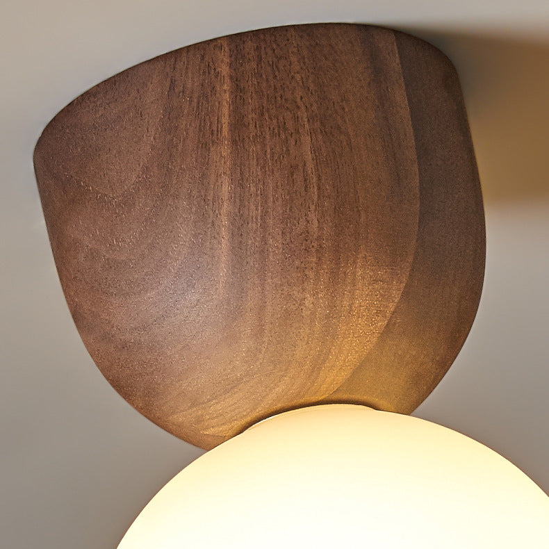 Contemporary Scandinavian Walnut Copper Glass Ball 1-Light Semi-Flush Mount Ceiling Light For Hallway