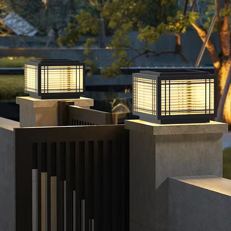 Luz de Poste de Cabeza de 1 Luz de Vidrio de Aluminio Cuadrado Chino Tradicional para Jardín 