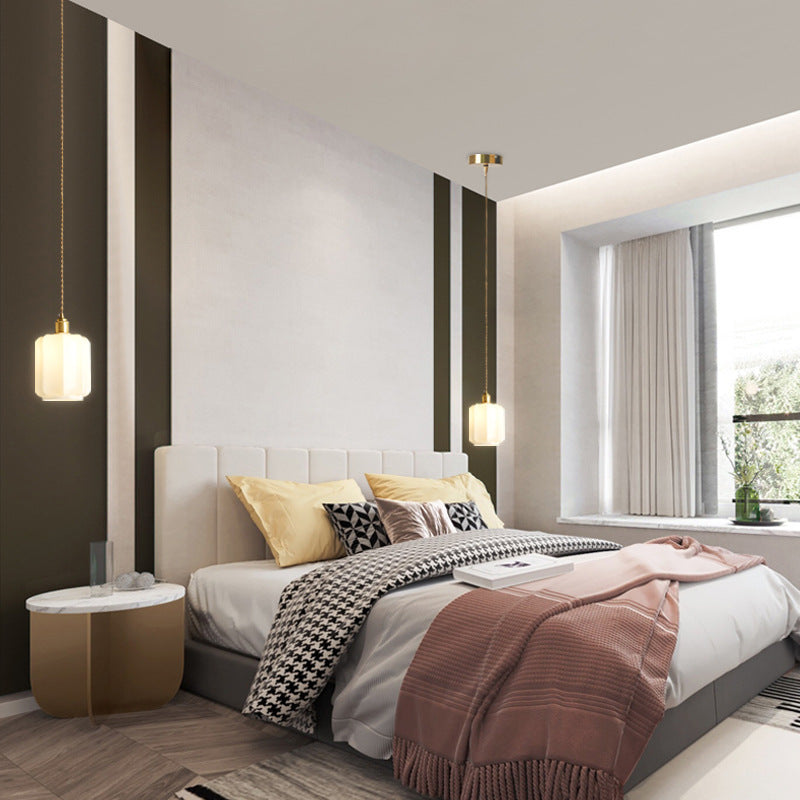 Traditional Vintage Cylindrical Brass Glass 1-Light Pendant Light For Bedroom