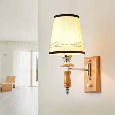 Chinese Retro Wood Element Fabric Barrel Shade 1-Light Wall Sconce Lamp