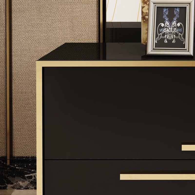Table de nuit moderne en bois massif cubique avec cadre en acier inoxydable à 2 tiroirs pour chambre 