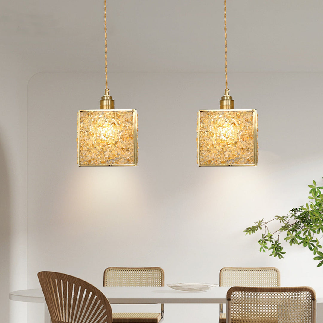 Suspension Luminaire 1-Lumière Moderne de Luxe Carré Cube Cadre en Or Cuivre Abat-jour en Verre Pour Salon 
