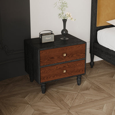 Table de nuit contemporaine rétro rectangulaire en métal à grain de bois 2 tiroirs pour chambre 