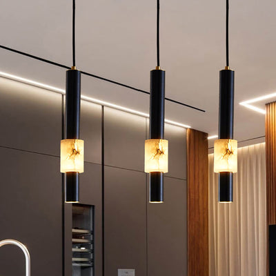 Lustre LED contemporain de luxe en cuivre à bande longue avec abat-jour en marbre pour salon 
