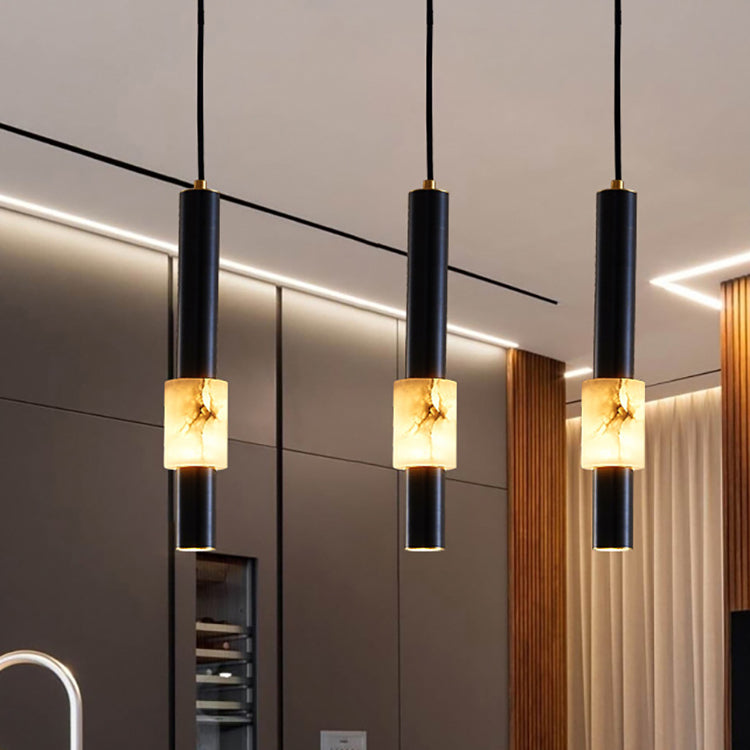Lustre LED contemporain de luxe en cuivre à bande longue avec abat-jour en marbre pour salon 